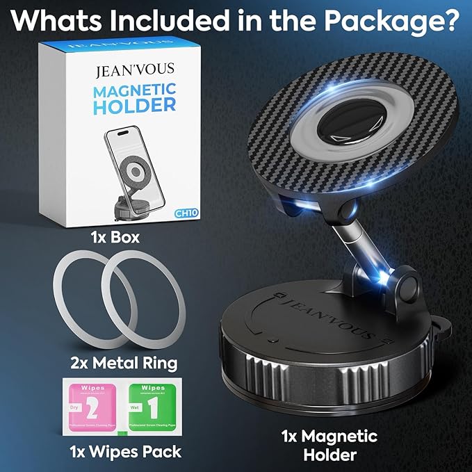 JEAN'VOUS Upgraded Magnetic Phone Holder for Car [70+ LBS Strongest Suction & 3000gf Magnetic], MagSafe Car Mount, Adjustable, 360° Dashboard Phone Holder for iPhone 17 16 15 14 13 12 & Android