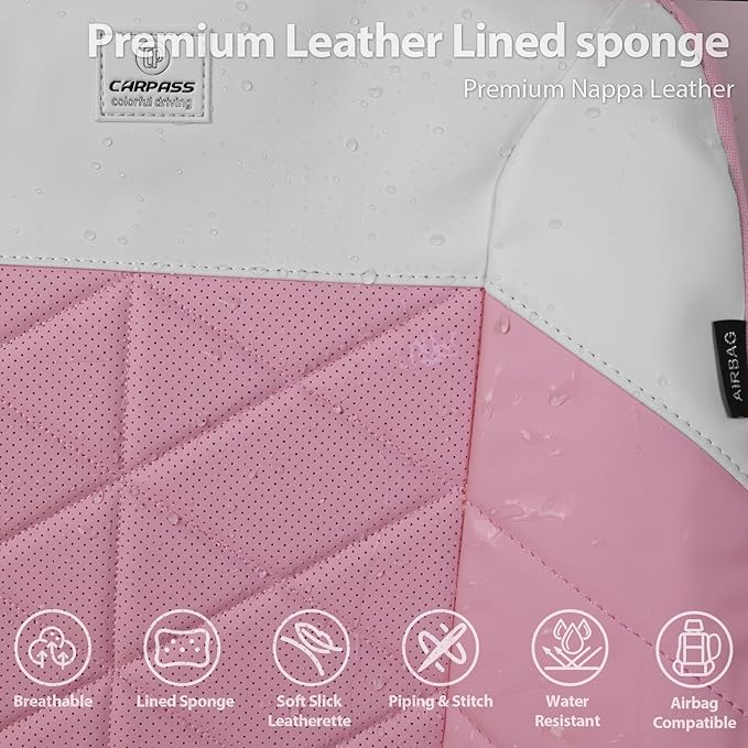 CAR PASS Nappa Leather Waterproof Car Seat Covers Two Front, 3D Foam Comfortable Automotive Seat Covers with Rhombic Design, Airbag Compatible Universal Fit for Most SUV Truck Sedan, Pink White