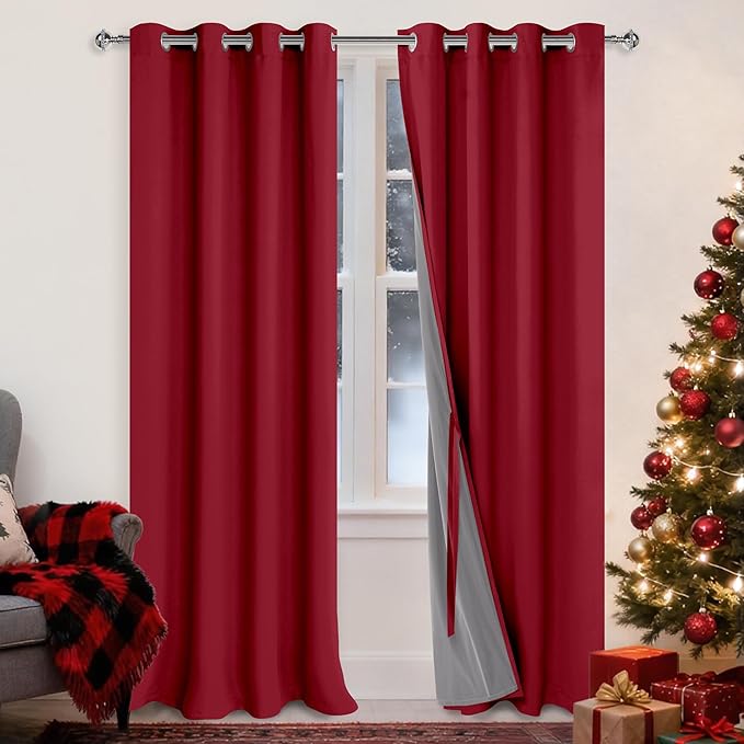 XWZO Full Shading Blackout Curtains 95 Inches Length - Heat and Light Blocking Ring Top Window Drapes with Black Liner Backing for Bedroom Sewn with Tiebacks, Christmas Red, W52 x L95, Set of 2