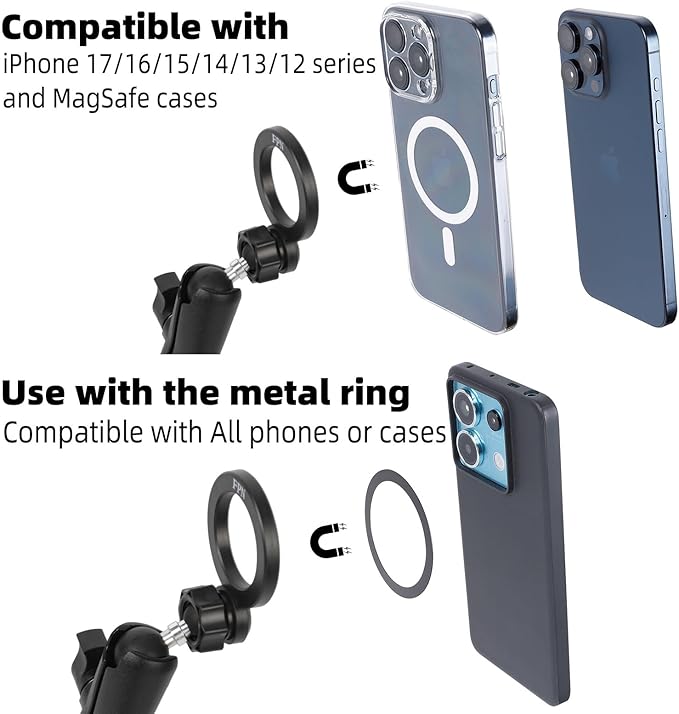 Magnetic Phone Holder Base for RAM Mounts, 1" (25mm) Ball Mount with Medium Aluminum B Size Double Socket Arm, Compatible with Magsafe iPhone 17/16/15/14/13/12 Series