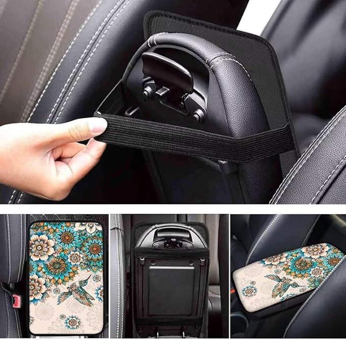 Coldinair Boho Flower Car Center Console Pad,Hummingbird Auto Interior Accessories Decoration,Auto Armrest Cover Protector for Most Vehicle, SUV, Truck, Car