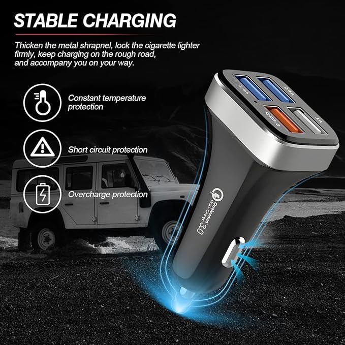 USB Car Charger Adapter, 4 Ports QC3.0 Cell Phone Fast Charger, Multi-Port Smart Quick Charger, Auto Charge Adapter for Cigarette Lighter, Compatible with iPhone, Samsung, All Smartphones