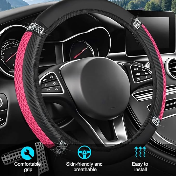 Bling Car Steering Wheel Cover, 15 Inch Elastic Stretch Crystal Rhinestone Vehicle Steering Wheel Protector, Anti-Slip Auto Interior Protective Cover, Universal for SUV RV Truck (Pink)