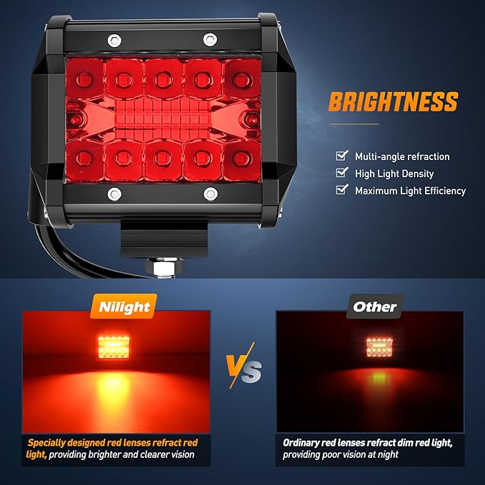 Nilight 4 inch LED Light Pod Red Triple Row 2PCS 60W Flood Spot Combo Driving Fog Lights Fishing Hunting Emergency Safety Signal Deck Trailer Lighting for UTV Pick-up Van Boat Tractor