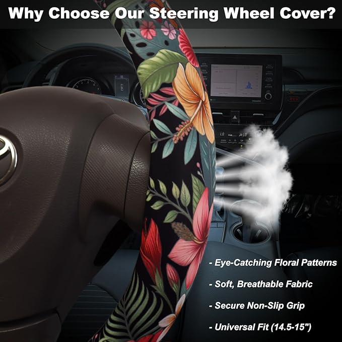 Tropical Hibiscus Plumeria Steering Wheel Cover for 14.5-15 Inch (37-38 cm) Wheels, Premium Fabric with Non-Slip Rubber Inner Ring (Tropical Hibiscus Plumeria)