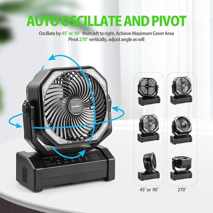 AddAcc 20000mAh Rechargeable Camping Fan - Battery Operated Fan with Light & Remote, Auto Oscillating, 4 Timer, 60 Hrs Work Cordless Tent Fan for Travel Outdoor RV Garage Power Outage Emergency