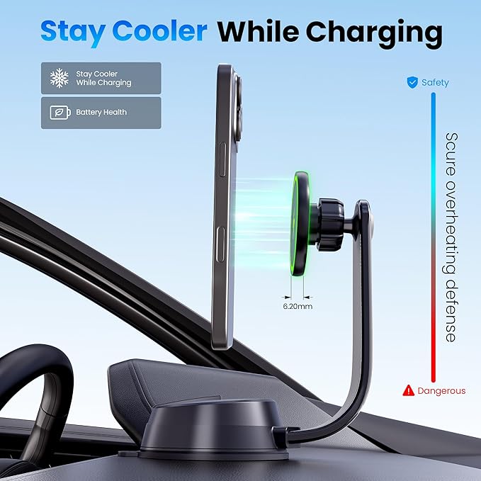 Upgrade [Qi2-Certified] 15W for MagSafe Wireless Car Charger Mount, 2XFast Charging[90+LBS Safe Suction] Magnetic Phone Holder Dashboard Windshield for iPhone 17/16/15/14/13/12 Pro Max (Iron)
