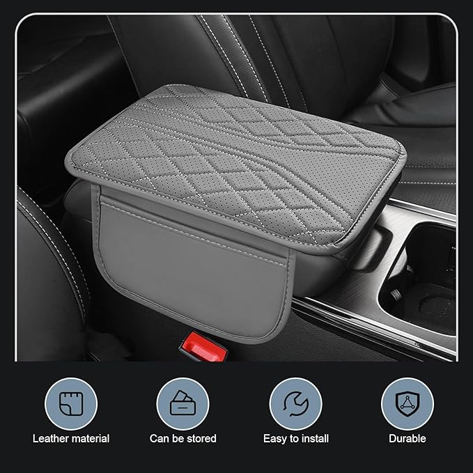 Car Center Console Cover, Leather Auto Armrest Cover with 2 Storage Bags, Universal Cars Armrest Cushion, Vehicle Interior Accessories Protector for Sedan, SUV, Truck (Gray)