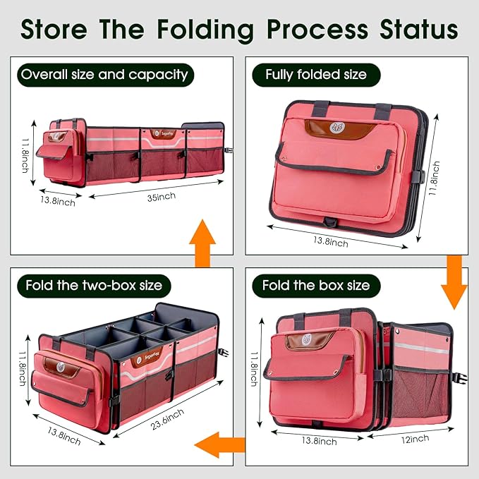 SugarFox Car Trunk Organizer for SUV, Heavy Duty Waterproof Trunk Organizer, Foldable Collapsible Car Organizer with Cooler, Multi-Compartment Large Trunk Organizer (95L), Pink-M003