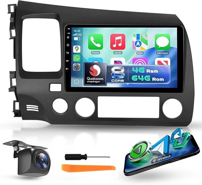 5G WiFi 8 Core 4G+64G Car Radio Stereo for Honda Civic 2006-2011, Upriding 9-inch 1280P QLED Touchscreen Radio with Wireless Carplay Android Auto DSP BT5.1 SWC GPS Cooling System Backup Camera
