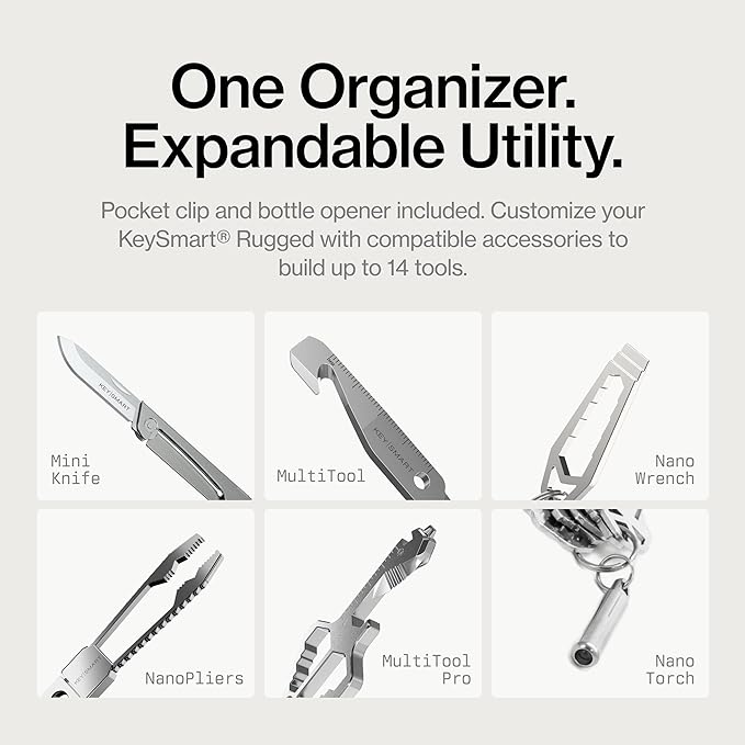 KeySmart Rugged - Multitool Key Holder for Keychain w/Bottle Opener and Pocket Clip, Organizer for Keys, EDC Keychains, Ring for Car Fobs Key Chains, Expandable (Up to 14 Keys, Black)