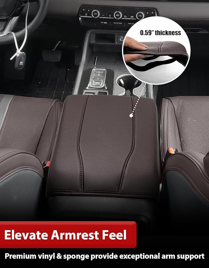 Center Console Armrest Cover for Honda Pilot 2023-2026, Passport 2024-2026, Ridgeline 2024 2025, Durable Middle Console Lid Covering, PU Leather Trim, Anti-Scratch, Brown