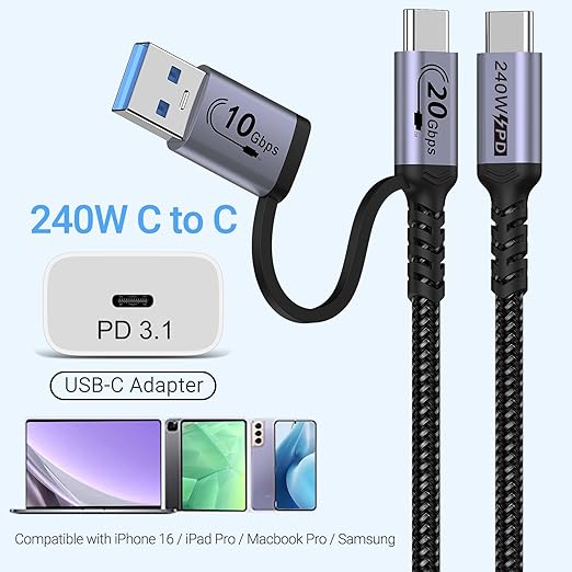 20Gbps Android Auto USB C Cable 2-in-1 [1ft, 2Pack] 240W Max USB 3.1 Gen 2 Fast Charge & Data Transfer USB C CarPlay Cable, Compatible with iPhone 16 15 Pro Max, Galaxy S23, Pixel 9 Pro XL