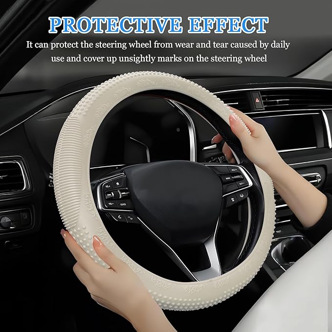 Wuyaoyao Car Steering Wheel Cover, Anti-Slip Silicone Steering Wheel Cover Protector, Non-Slip Massage Grip Auto Wheel Cover Fits 14-15 Inch, Universal Interior Car Accessories (Beige)