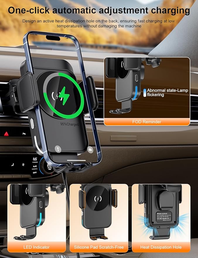 bokilino Wireless Car Charger, 15W Fast Charging [Auto Clamping] [Auto Alignment] Phone Holders for Your Car Dashboard Windshield Air Vent Car Accessories for iPhone 17 16 15 14 13 12 Series, Black