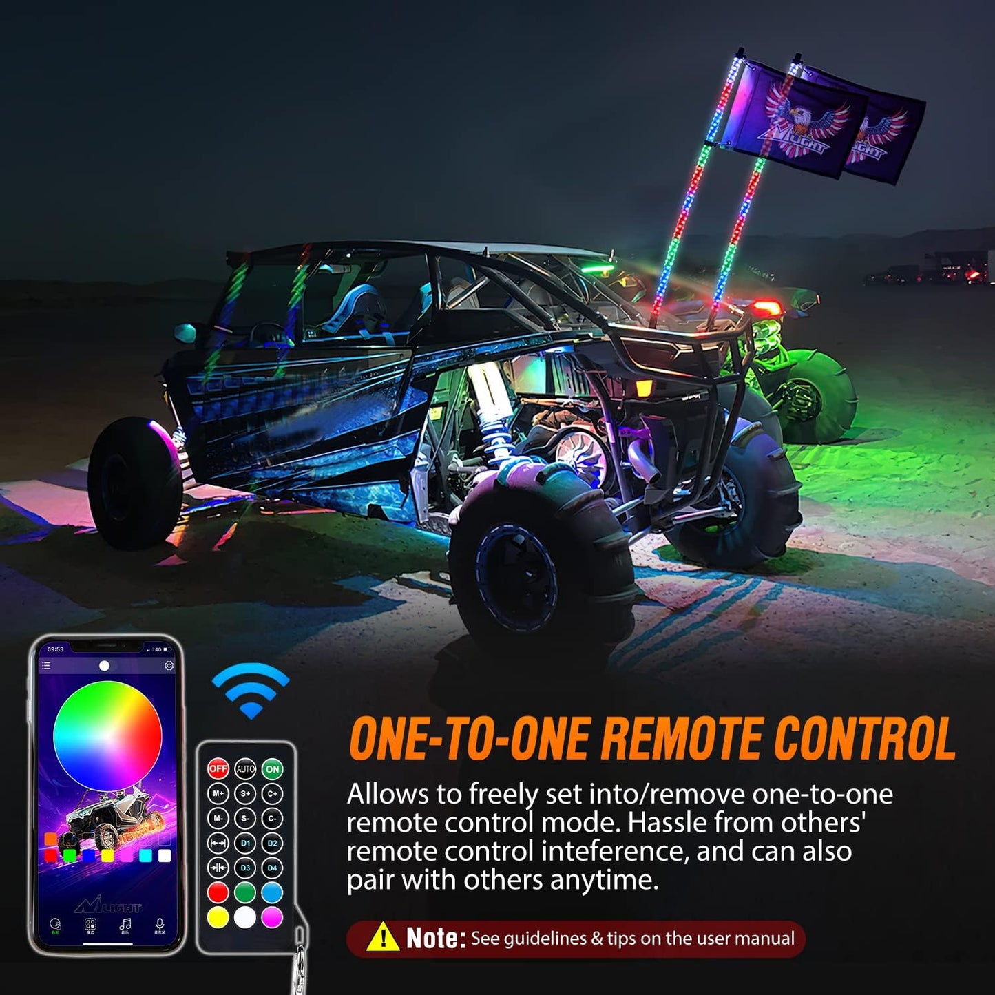 Nilight 2PCS 6FT RGB LED Whip Light, Remote App Control w/DIY Chasing Patterns Stop Turn Reverse Lighting Modes Safety Lighted Antenna for ATV UTV Polaris RZR Can-am Dune Buggy Jeep