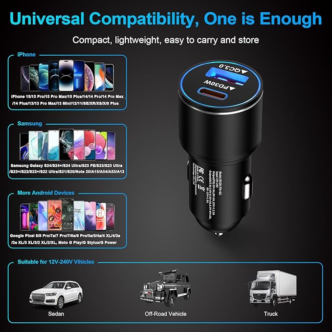 48W USB C Car Charger, All Metal 12V USB Outlet PD & QC 3.0 Fast Charge iPhone Car Charger Adapter Type C Flush Fit Car Plug for iPhone 17 16e 16 15 14 13 12 11 Pro Max SE XR,Samsung S26 S25 S24 A17