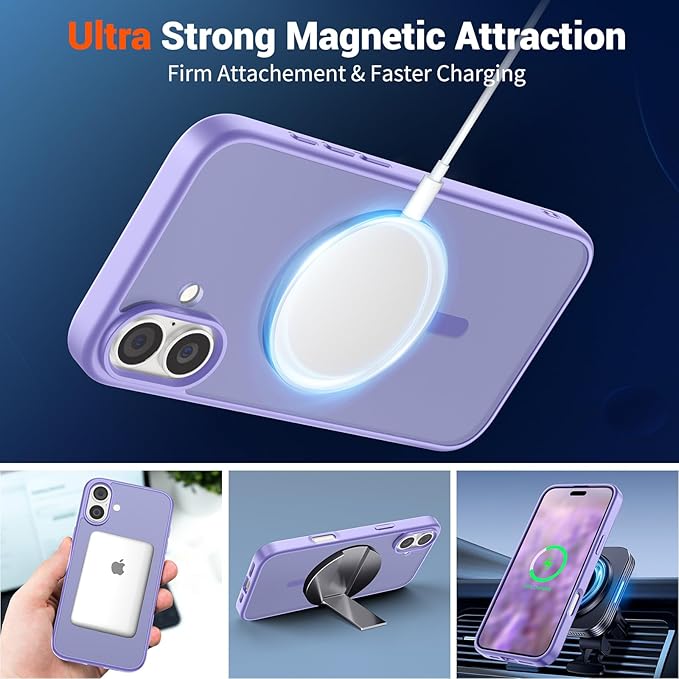 SUPFINE Magnetic for iPhone 16 Case (Compatible with MagSafe) (Military Grade Drop Protection) Slim Translucent Matte Shockproof with Anti-Fingerprint Phone Case,Purple