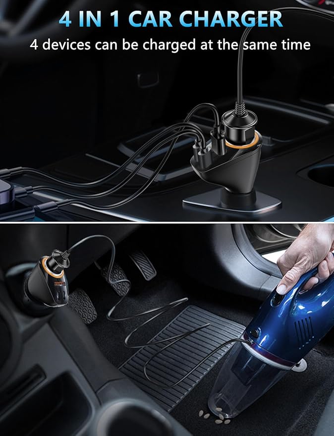 4 in 1 USB C Car Charger, 170W Multi USB Cigarette Lighter Adapter, Socket Splitter with 3 Ports, 12V/24V Dual USB Type C PD Fast Car Charger Adapter for iPhone 17/Air/16/15 Pro Max iPad GPS