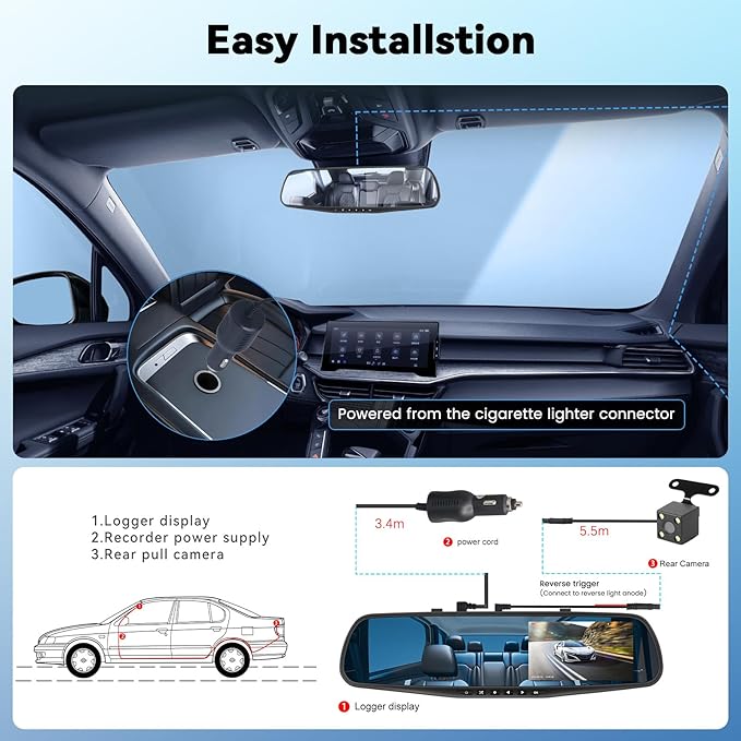 Mirror Dash Cam 4.5 Inch Rear View Mirror Camera 1080P Front and 480P Rear View Dual Cameras with 32G Card, Motion Detection, Night Vision, Parking Assistance, Loop Recording，Exposure Adjustment