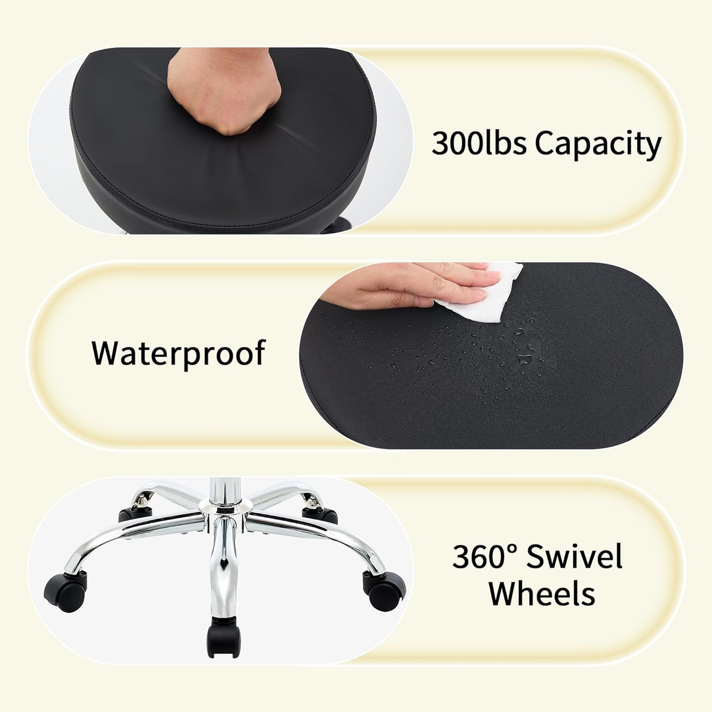 Tatto Rolling Chair, Height Adjustable Backless Chair for Desk 19.5’’-26.6’’,Black Salon Stool(Black)
