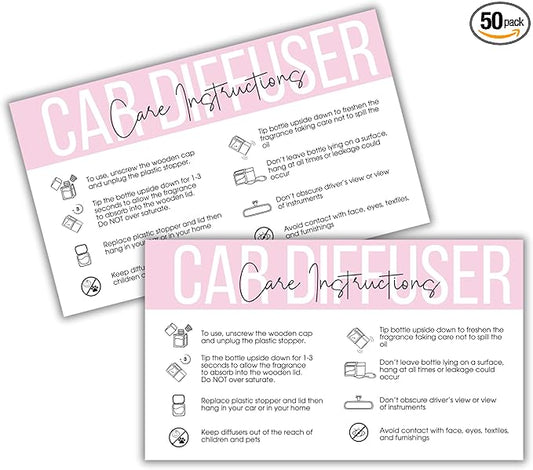 Car Oil Freshie Diffuser Care Freshie Instructions Cards | 50 pk 3.5x2” Hanging Oil Wood Top Aroma Air Freshener DIY Bulk Package Inserts Warning Labels Pink
