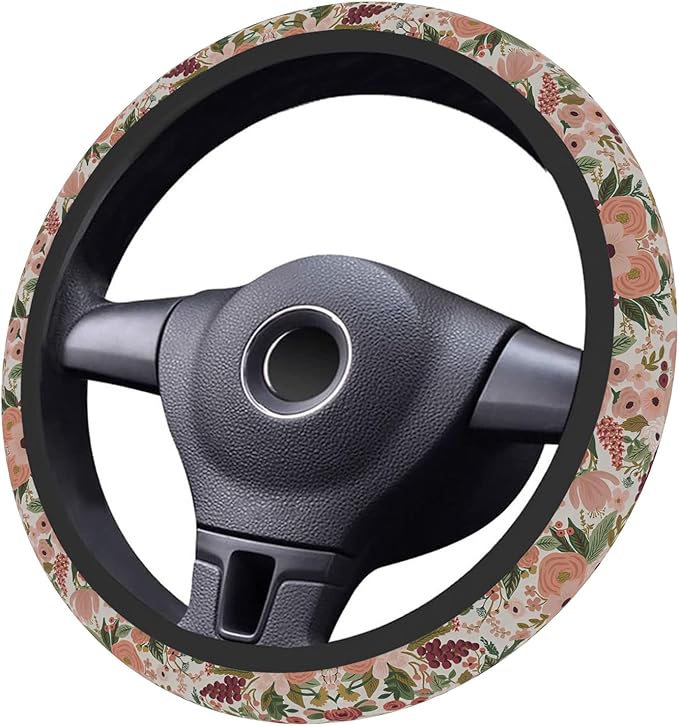 Burgundy Flowers Car Steering Wheel Cover for Women Men, Non-Slip Steering Wheel Protector, Universal 14"-15" Fit for Cars, SUVs, Trucks (Burgundy Flowers)