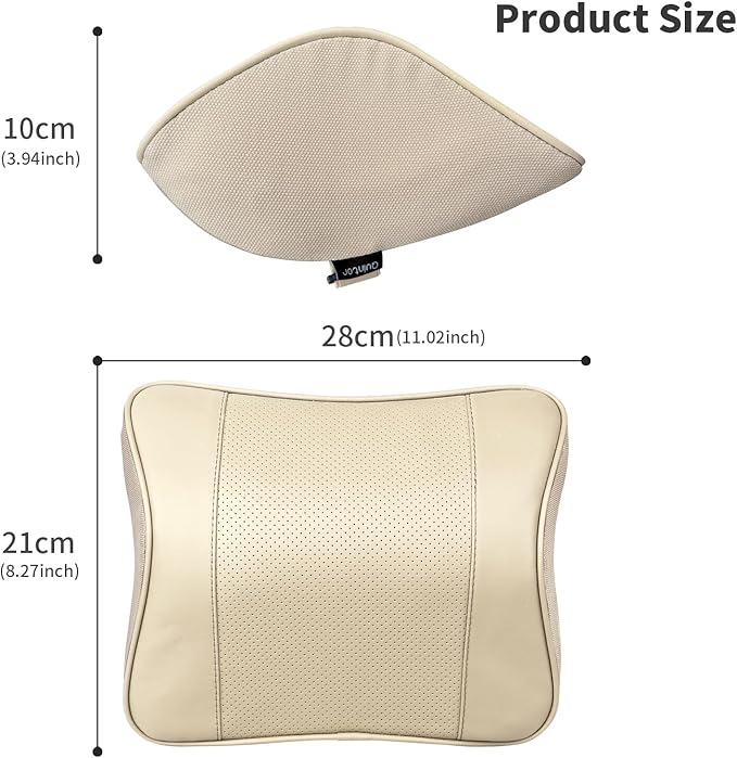 Quintor Genuine Leather Car Neck Pillow,Memory Foam Headrest Cushion, Ergonomic Cervical Support for Tesla Model 3/Y/X, Lexus, BMW- Breathable & All-Season Soft (2 PC)