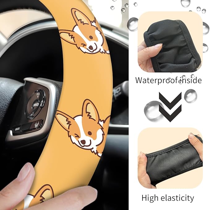 Car Steering Wheel Cover, Universal 15 Inch Neoprene Non-Slip Steering Wheel Covers, Funny Car Accessories for Women Men Fit Auto, Suvs, Truck Cute Yellow Corgi Dog