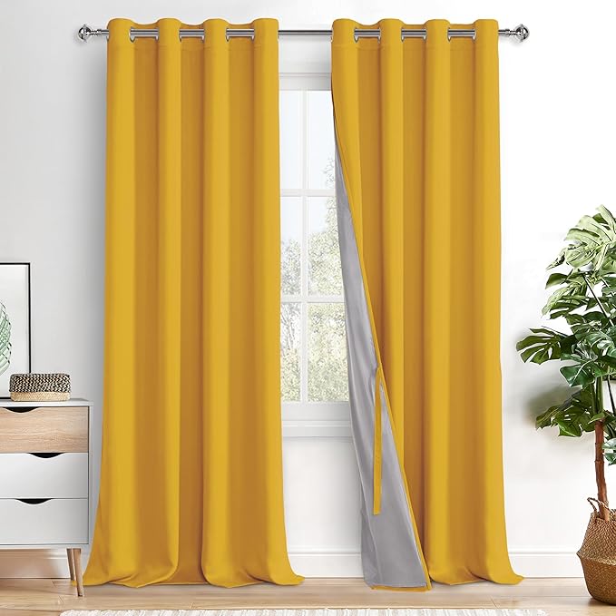 XWZO 100% Blackout Curtain Panels - Thermal Insulated Black Liner Curtains, Noise Reducing and Heat Blocking Drapes for Hall and Studio Windows with Tiebacks, Yellow, W52 x L95, Set of 2