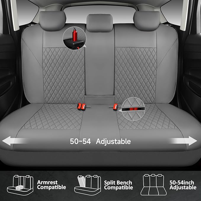 CAR PASS Quilting Faux Leather Seat Covers Full Set, Waterproof Deluxe PU Premium Auto Seat Cover, Breathable Seat Covers Universal Fit for Most Sedan SUV Van Small Truck, Airbag Compatible All Gray