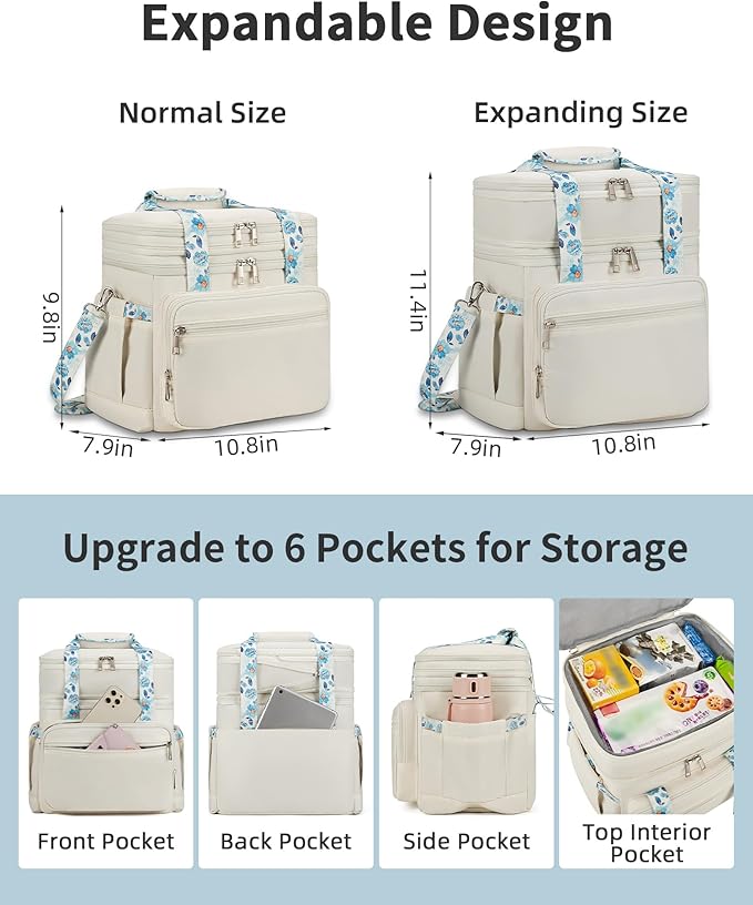 HSHRISH Lunch Box for Women, Double Deck Expandable Insulated Large Lunch Bag Women Leakproof Lightweight Lunch Cooler Bag Durable Lunchbox for Work Outdoor Travel, Beige