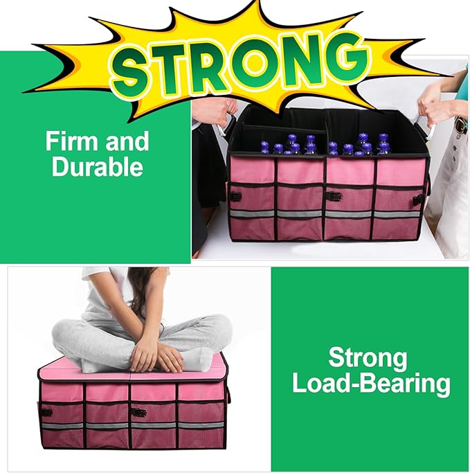 Car Trunk Organizer, Cargo Organizer SUV Trunk Storage Non Slip Bottom Waterproof Collapsible Durable Multi Compartments-(Standard,Pink)