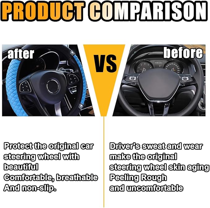 Bling Soft Leather Steering Wheel Cover, 15 Inch Colorful Rhinestones Auto Elastic Protector with Crystal Diamond for Women Girls, Car Accessories for Most Cars, SUVs (Blue)