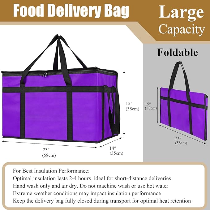 PEASUG Insulated Bags for Food Delivery, XXXL Pizza Delivery Bags, Large Capacity Cooler Bag Keep Food Warm for Grocery Shopping and Catering, Foldable, Heavy-Duty (Purple)