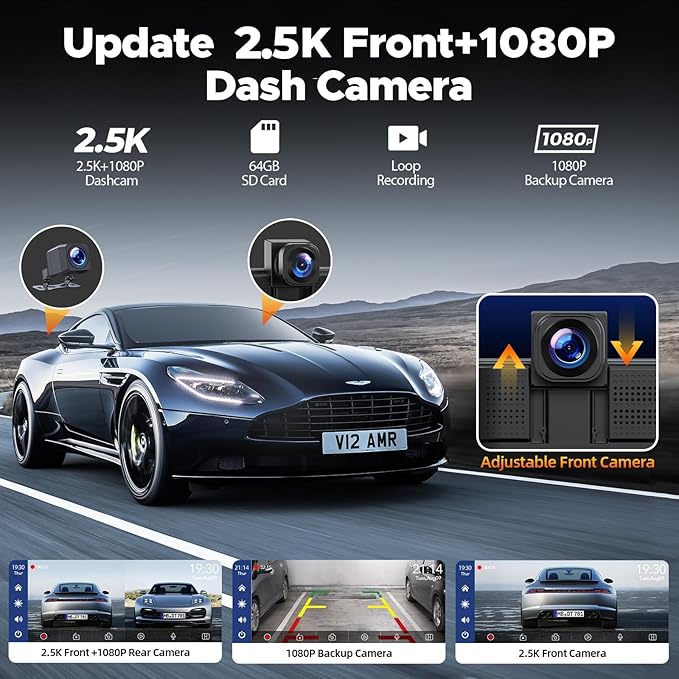 Volam 9" Wireless Carplay Screen for Car with 2.5K + 1080P Dash cam and Backup Camera Support Apple Carplay and Android Auto Car Play with Voice Assistant Bluetooth GPS Navigation AUX