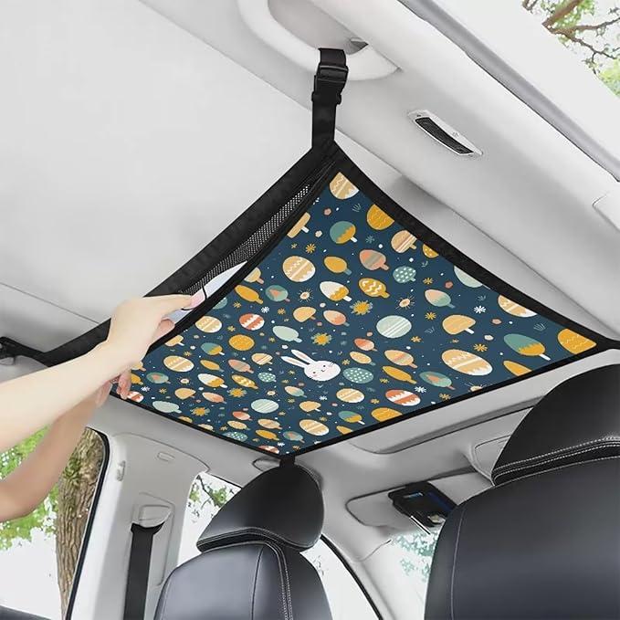 Generic Easter Car Ceiling Cargo Net Pocket Hanging Storage Bag with Zipper 31.69"x24.02" Double-Layer Mesh Car Roof Storage Organizer Long Road Trip Truck SUV Travel Camping Easter Decor Gifts