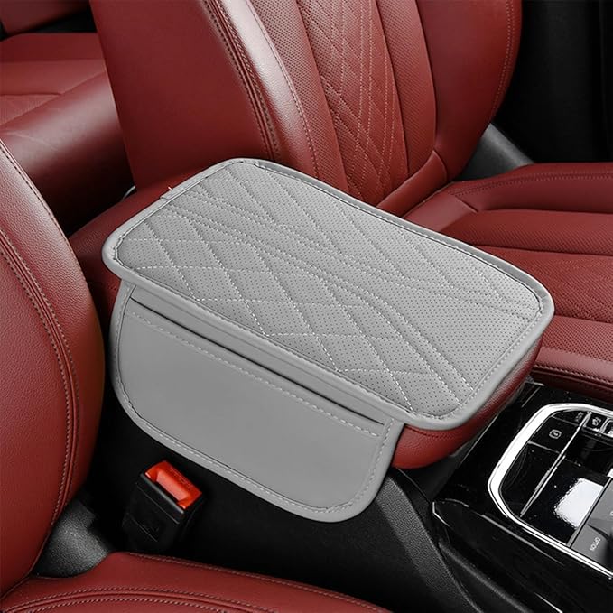 Car Center Console Cover, Leather Vehicle Armrest Box Pad with 2 Storage Bags, Automotive Interior Arm Rest Cushion Protector Accessories, Universal for SUV Sedan Truck (Gray)