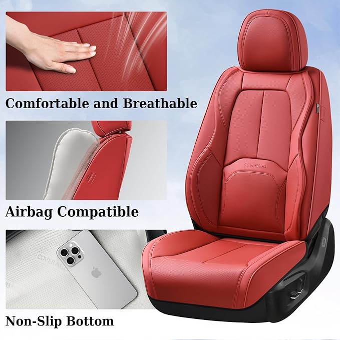 Coverado Seat Covers, Car Seat Covers Front Seats, Premium Nappa Leather Seat Covers for Cars, Waterproof Car Seat Protector with Lumbar Support, Front Seat Covers Universal Fit for Most Cars (Red)