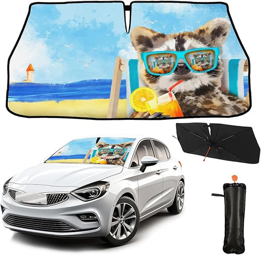 CHILL·TEK Funny Animal Car Windshield Sun Shade Umbrella, Funny Raccoon Car Sun Shade Umbrella, Block UV Rays Heat Foldable Windshield Umbrella Sun Visor Protector - Keep Vehicle Cool for Cars SUV