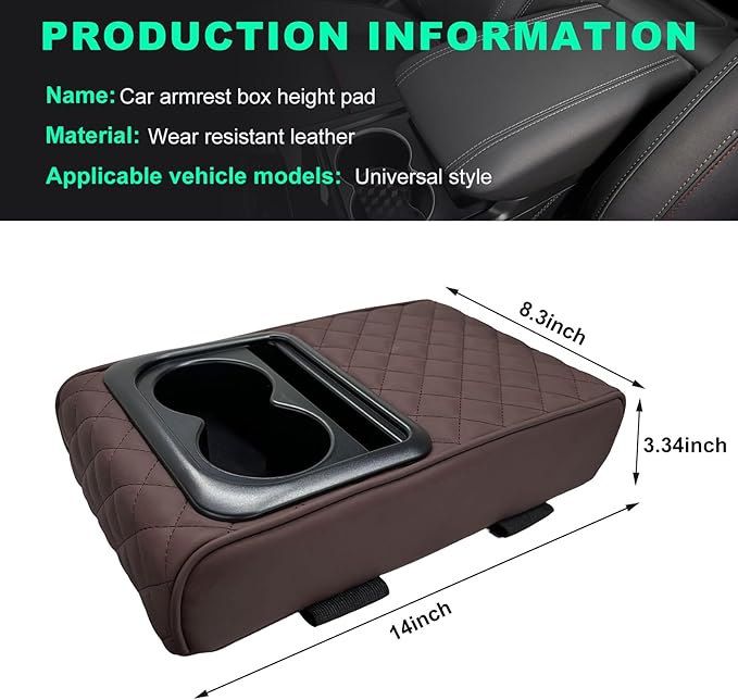 Car Center Console Armrest Pillow, Memory Foam Auto Armrest Box Cover with Cup Holder & Phone Holder, Waterproof Leather Arm Rest Protector Cushion, Interior Car Accessories (Diamond, Coffee)