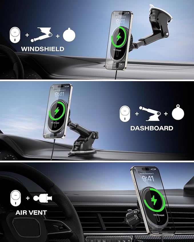 A2C for MagSafe Car Mount Charger, QI2 15W Wireless Car Charger with Dual Cooling Tech, Magnetic Car Charger for iPhone 17 16 15 14 13 12, Dash+Windshield+Vent Mount, PD 30W Adaptor Included