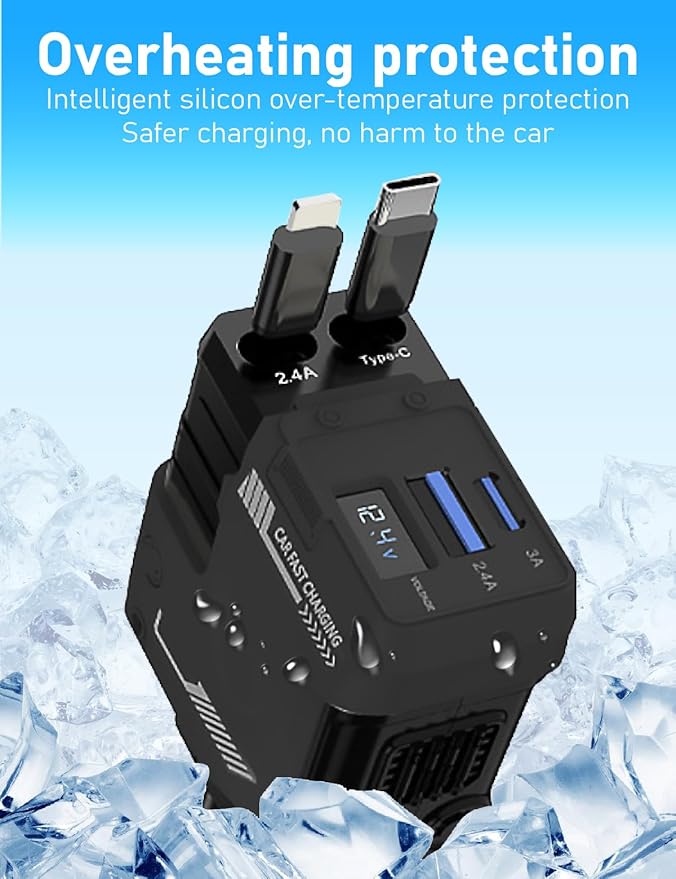 Retractable Car Charger, 4-in-1 Quick Charger with 2 Retractable Cables and USB Port, Travel Essentials Gifts for Women Men, Car Accessory for Phones/Tablets/Airpods/Car Recorders, 31.5 inch (Black)