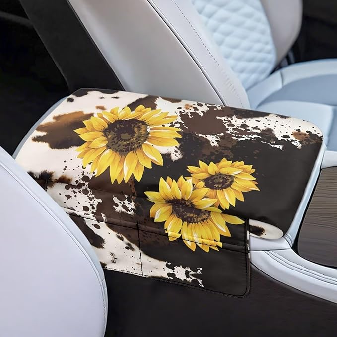 Dreaweet Brown Cow Print Center Console Cover Pad Cute Sunflower Car Accessories for Women Arm Rest Cover with Pockets for Car SUV Truck Non Slip Scratch Proof Thick Car Armrest Cushion