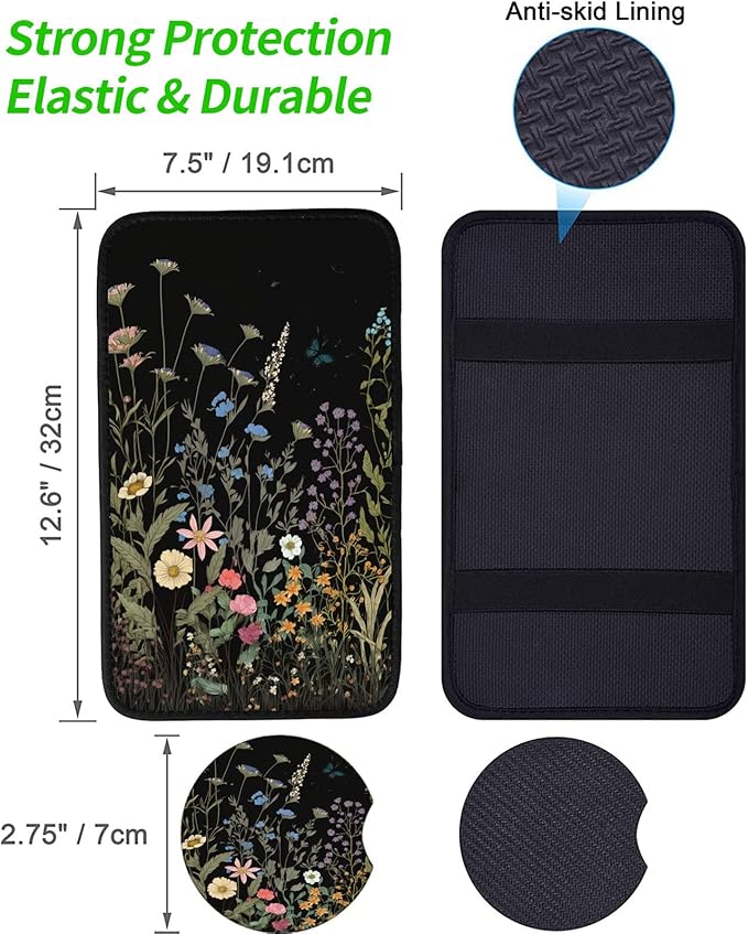 Car Armrest Cover Pads Universal Fashion Cute Auto Center Console Armrest Cover Pad with 2PCS Car Coasters Soft Waterproof Car Armrest Seat Protector for Women Girls, Wildflowers