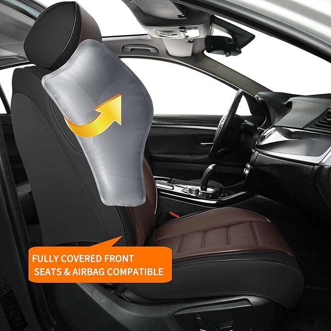 Car Seat Covers Full Set, 5 Seats Universal Leather Seat Covers for Cars, Waterproof Front and Rear Seat Cover, Breathable Automotive Seat Cover for Most Sedans, Trucks, SUVs, Black&Brown