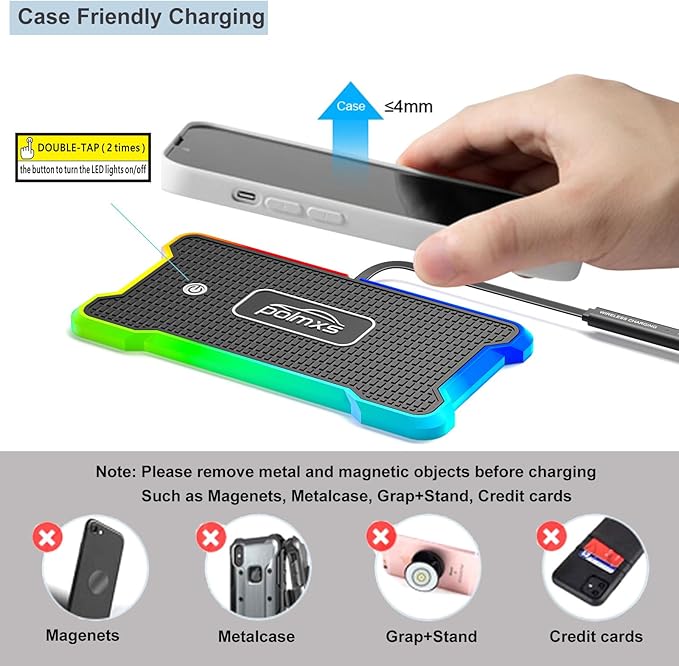 Wireless Charger Car Fast Charging pad, POLMXS Wireless Phone Charger Cell Phone RGB Light up Cordless Charging mat Compatible with iPhone 11/12/12/14/15 Galaxy S21/S22/S23/24 Airpod (C15 PAD)