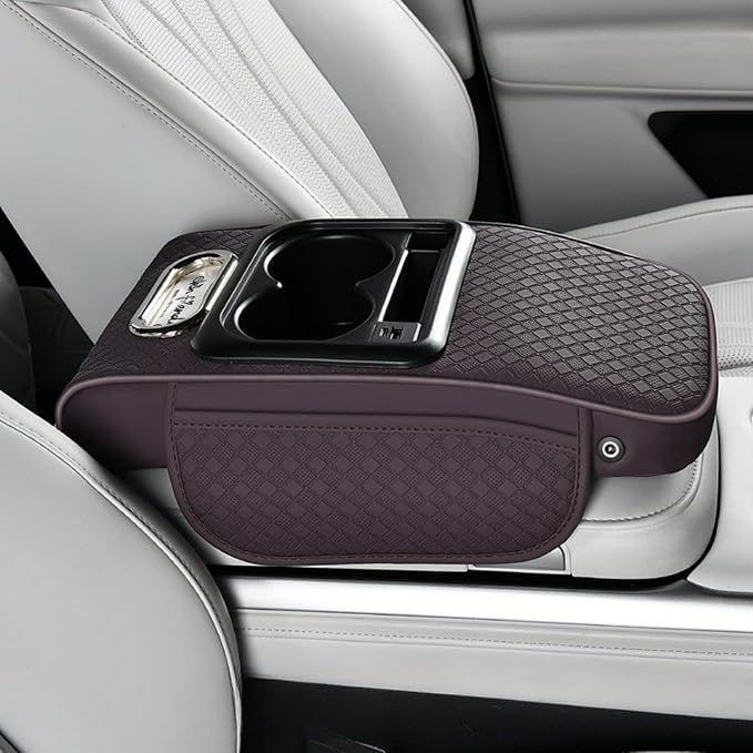 2026 Enhanced Car Center Console Armrest Cushion with USB& Type-C Charging, PU Leather Console Pad with Cup Holders, Storage& Tissue Outlet for Most Vehicles (Sloped Version, Plum Purple)