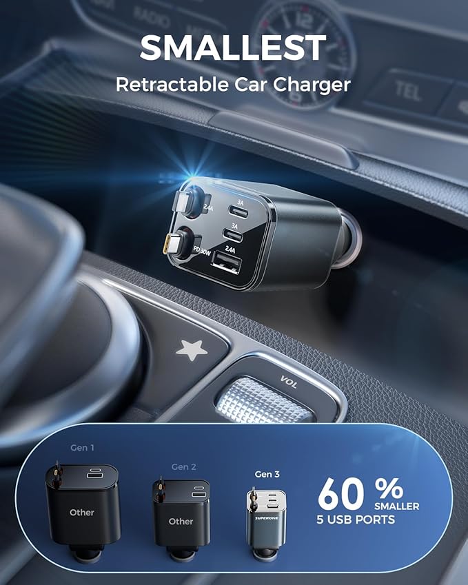 2026 Ultra-Compact SUPERONE Retractable Car Charger, 5 in 1 Car Phone Charger with USB C & Apple Cables, 84W Fast Charging USB C Car Accessories Adapter for iPhone 17/16/15/14/13, Galaxy, Pixel