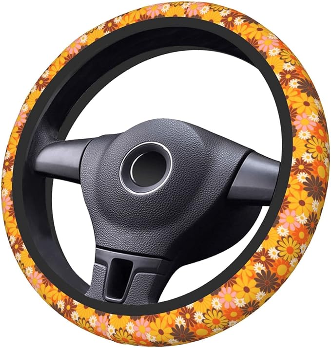 Yellow Hippie Floral Auto Car Daisy Steering Wheel Cover Universal 15 Inch Neoprene Interior Decor Protection Accessories